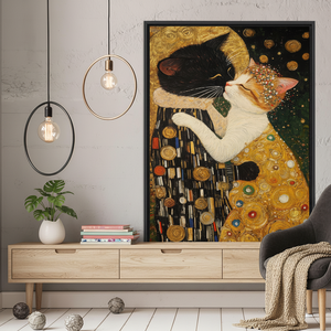 Romantic Gustav Klimt Cat Couple Printed <b>Canvas</b> Art - Elegant Wall Decor,BLACK <b>FRAMED</b> <b>CANVAS</b> - Product Image 3
