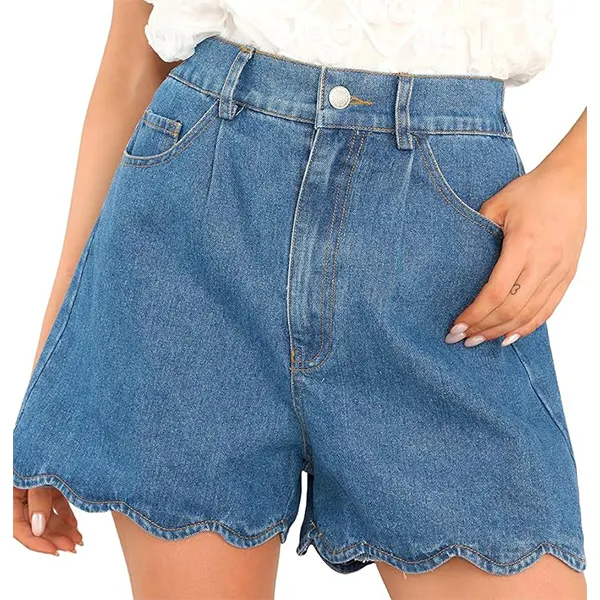 Women Casual High Waist Jean Shorts Wave Hem Trendy Flared Denim Short