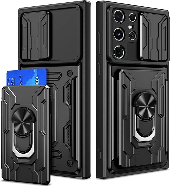 Magnetic Ring Kickstand Slide Camera Cover Rugged Shockproof Protective Case With Card Holder Slot for Samsung Galaxy S22 Ultra