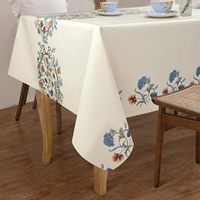 Nappe ronde en coton et lin, motif floral bleu, lavable en machine, style pastoral vintage