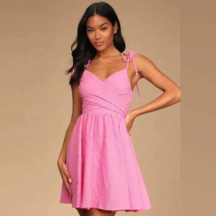 Stilvolle V-Ausschnitt Frauen Kleid niedlich und süß rosa Krawatte zurück eine Linie Kleid Mini Skater Kleid