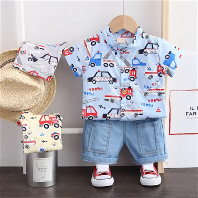 Bộ Đồ Mùa Hè Cho Trẻ Em 1-5Yrs Áo Thun In Hình Xe Hơi + Quần Short Denim Có Túi 2 Bộ Quần Áo Bé Trai Sơ Sinh Bộ Đồ Trẻ Em Giá Rẻ