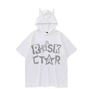 T-shirt con Cappuccio 230G, 100% Poliestere, Stile Vintage Lavato Streetwear Oversize con Corna del Diavolo e Grafica RISK <span class=keywords><strong>STAR</strong></span>, Per Tutte le Stagioni - Product Image 2
