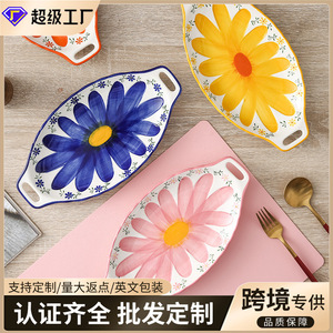 Assiettes en céramique en gros pour usage domestique, résistantes aux hautes températures, esthétiquement plaisantes, luxueuses, à motif floral, avec deux poignées, pour poisson. - Product Image 2