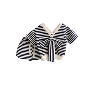 Setelan baju anak perempuan musim panas 2025, baju anak perempuan motif garis-garis, setelan celana pendek 2 potong - Product Image 3