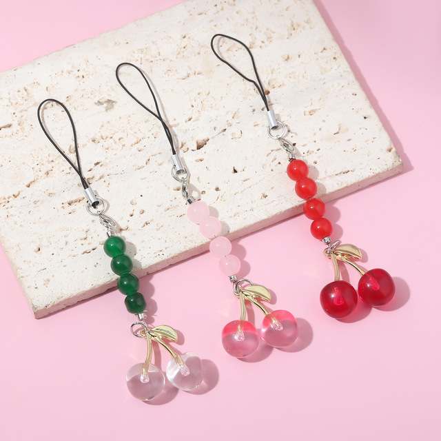 Custom Multi-color Beaded Cherry Phone Charm - Crystal Cherry Pendant Lobster Clasp Cute Phone Strap Accessory Metal Keychain