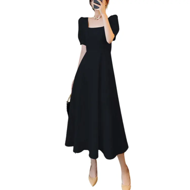 Square Neck Black Dress Female Summer New Retro Temperament French Skirt Solid Casual Dress For Women