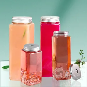 Custom 12oz 16oz Square PET Juice Bottle 500ml Plastic Cup Jar Fruit Beverage Bottle For Juice Business With Cap