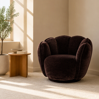 Fauteuil d'appoint rond en velours marron foncé, design pétale, fauteuil lounge rembourré en peluche avec bordure passepoilée, siège pour salon et maison