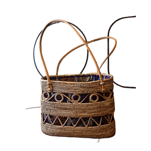 กระเป๋าหวายธรรมชาติอินโดนีเซียพร้อมซับในสานของชนเผ่าและสายหนังสไตล์แฮนด์เมดสไตล์ชนเผ่าสำหรับการใช้งานแบบลำลองหรือใช้เดินทาง - Product Image 5