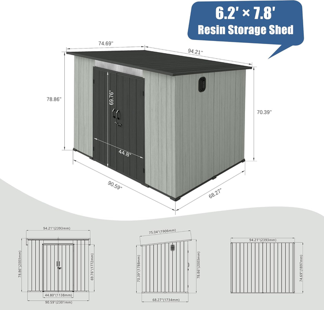 6x8FT Durable Outdoor Resin Storage Shed with Windows Vents Lockable Double Doors Gable Roof for Garden & Patio