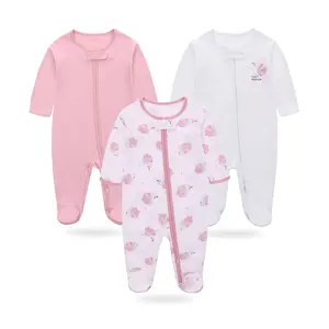 Vente en gros de vêtements pour petites filles Ensemble de grenouillère pour nouveaux-nés avec fermeture éclair Combinaison pour bébés 100% coton avec pieds Grenouillère douce pour tout-petits