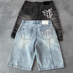 Shorts <span class=keywords><strong>en</strong></span> <span class=keywords><strong>jean</strong></span> à jambe large et ample, effet délavé, personnalisés avec broderie, denim délavé au soleil, jorts pour hommes - Product Image 1