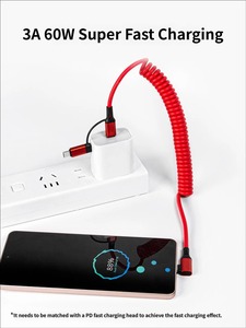 Câble rétractable à ressort 2 en 1, charge rapide 60W, Car Play 90 °   Câble de charge USB pour téléphone portable avec design coudé - Product Image 2