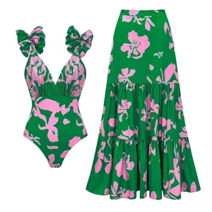 New Print Swimsuit With Cover Up Women Floral Swimwear Sexy Swim Suit High Waist <strong>Bikinis</strong> <strong>Puff</strong> <strong>Sleeve</strong> Bodysuit Bathsuit Beachwear - Product Image 1
