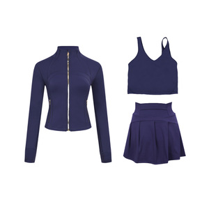 Conjunto de Ropa de Yoga de Verano para Mujer, 3 Piezas: Chaqueta Deportiva Ajustada con Cuello Alto, Chaleco con Espalda en U <span class=keywords><strong>y</strong></span> <span class=keywords><strong>Falda</strong></span> Corta - Product Image 5
