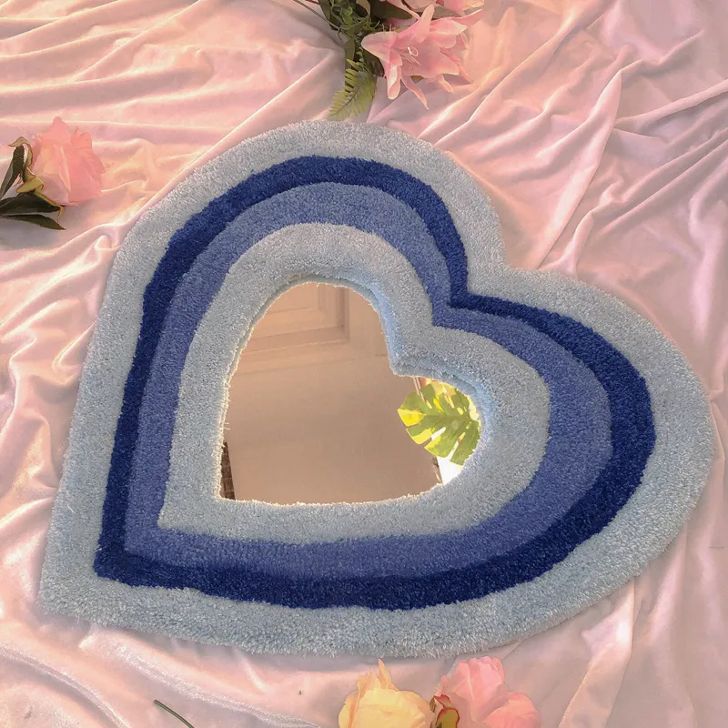 Espelho de parede em forma de coração azul para decoração de casa de inverno, espelho de maquiagem com moldura macia para sala de estar