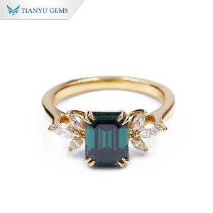 Tianyu gems 14k 18k yellow pure gold ring green moissanite diamonds emerald cut wedding diamond ring