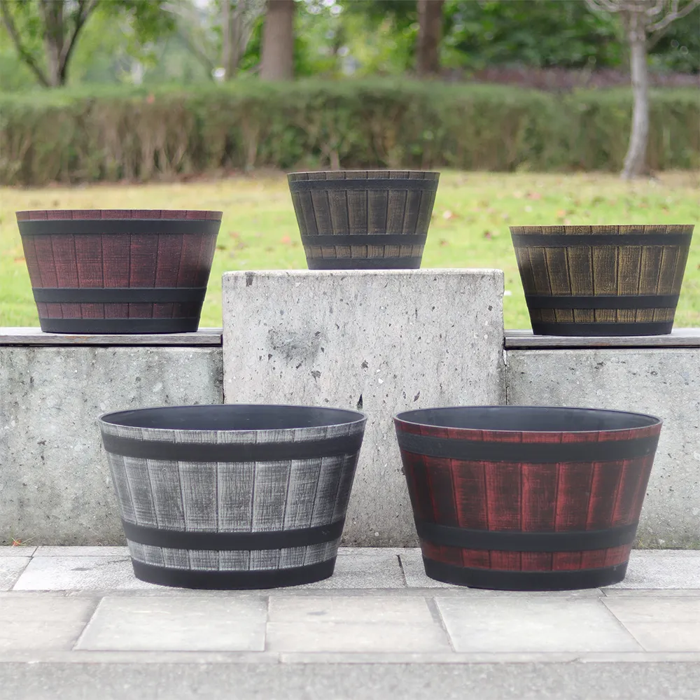 Durable Plastic Wood-Look Barrel Planters 12/15/20 Inch Resin Flower Pots for Garden Factory Wholesale-Orchid Cactus