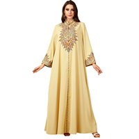 Abaya longue arabe à col montant brodé, en polyester respirant, à manches longues, robe musulmane formelle, Kaftan moyen