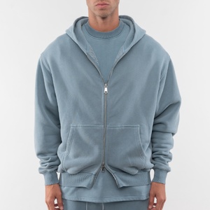 Sweat à capuche gris clair en molleton bouclette pour homme, 100 % coton, couleur unie, lavage vintage personnalisé, saison hiver, fermeture éclair, écologique, vente en gros - Product Image 4