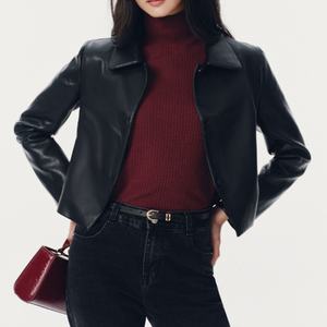 Veste en cuir noire à col rabattu boutonnée de haute qualité personnalisée pour femmes - Product Image 2