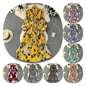 Benutzer definierte Frauen Temperament Kleid High Neck Ballon ärmel Burgund Multi color Printed Dress Factory Großhandel