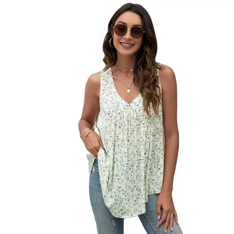 2023 Summer Clothing Ladies Casual V Neck Solid Floral Print Tank Top Women Sleeveless Blouse