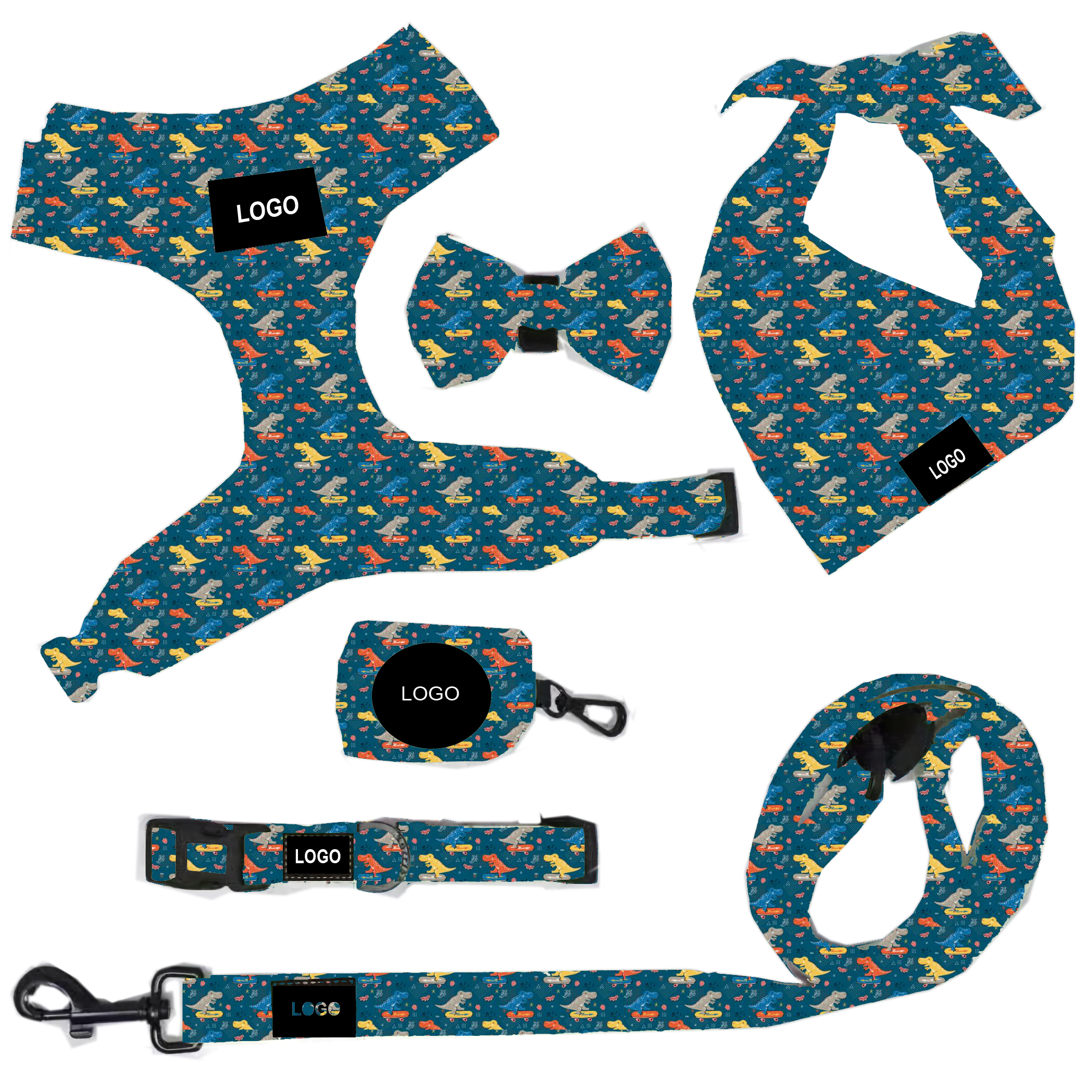 Nylon Pet Harness Leash Collar Set Six Piece Exquisite Sets With Chest Strap Bow Square Scarf Suits