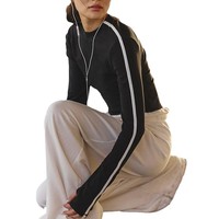 Aoyema t-shirt lengan panjang wanita, atasan Crop ringan Slim Fit warna kontras leher bulat berusuk kasual nyaman