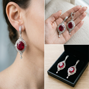 Mehrajudin Gems Russian Style Bridal Dainty Oval Shape Ruby Sterling <b>Silver</b> <b>Stud</b> <b>Earrings</b> Set Vintage Wedding Christian - Product Image 3