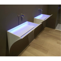 Lavabos d'Intérieur à Surface Solide en Pierre pour Salle de Bain, Mur Arrière, Design de Luxe, Lavabo en Forme de Feuille avec Lumière LED