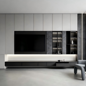 Residenza Minimalista con Soggiorno Integrato a Parete Intera, Dotato di Consolle Sospesa e Mobile TV con Illuminazione LED - Product Image 3