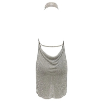 Robe de soirée sexy dos nu à chaînes, col halter, strass et fente, mini-robe en maille métallique ornée de cristaux