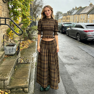 Plaid Contrast Color Cotton a Line Maxi Skirt Natural Waist Summer Casual Preppy College Style Flared Hem Breathable - Product Image 3