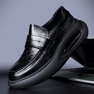 Mocassins pour hommes en cuir véritable à enfiler, avec coussin d'air, semelle épaisse et talon moyen, chaussures décontractées et tendance - Product Image 1