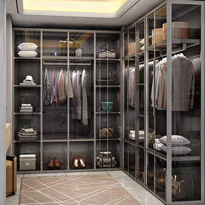 <span class=keywords><strong>Armoire</strong></span> moderne personnalisée à 4 panneaux avec charnière cachée <span class=keywords><strong>Armoire</strong></span> de placard à cadre en profilé d'aluminium doré avec portes en verre trempé givré fumé - Product Image 1