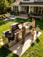 Dapur Luar Ruangan di Teras Atap, Kabinet BBQ Modular Baja Tahan Karat 304 dengan Panggangan Kamado, Panggangan Gas, dan Wastafel