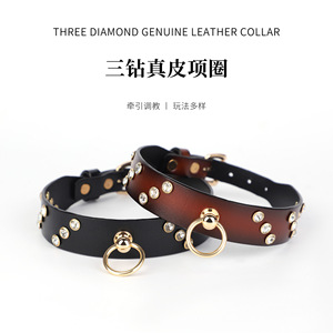 Collier en cuir véritable avec chaîne dorée et strass pour femme, ensemble de bijoux tendance - Product Image 4