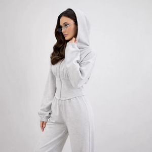 Women's Solid Zip-up Hoodie Set Full Sleeve Regular Jacket & Loose Sweatpants Custom Logo Streetwear Tracksuit - Product Image 5