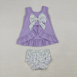 Vêtements d'été pour petites filles, hauts violets sans manches avec appliques de canard et d'oie + short à imprimé floral, tenues décontractées 2 pièces - Product Image 4