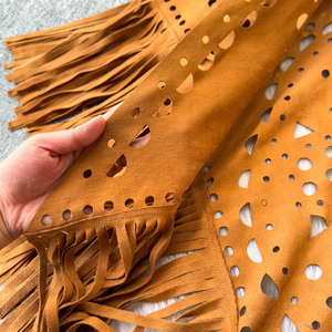 Boho Suede Fringe <b>Poncho</b> - Ethnic Cutout Cape Shawl, Loose Fit & Flattering Open Cardigan for Women - Product Image 2