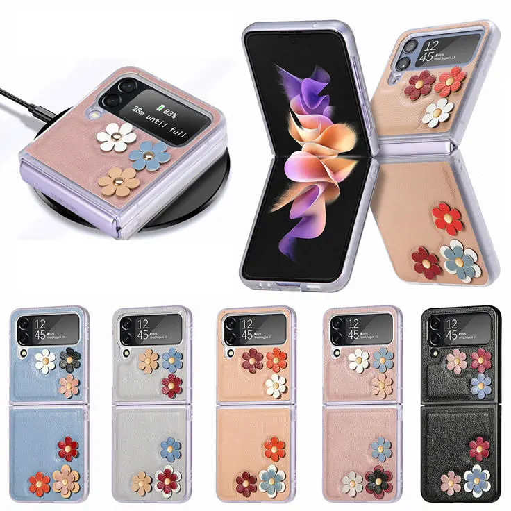Fashion Flower Leather Hard Case for Samsung Galaxy Z Flip 4 Flip4 Protective Phone Skin Cover Wireless Charging Support