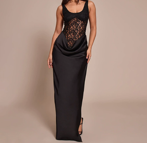 Viviblook C25DS446 <b>Women</b> <b>Dresses</b> New Solid Color Sexy Slim Fit <b>Sleeveless</b> Slit Lace Patchwork Mai Evening <b>Dress</b> for <b>Women</b> - Product Image 1