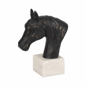 Scultura di testa di cavallo con finitura nera e base in marmo, statuetta decorativa per casa, ufficio, soggiorno - Product Image 2