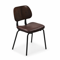 Chaise de salle à manger de style industriel vintage pour restaurant commercial, dossier en acier, assise en cuir, structure métallique, durable, pour hôtel et chambre.