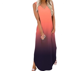 Vestido Maxi sin Mangas con Degradado de Color Personalizado para Mujer, Cuello en V, Corte Holgado, para Primavera y Verano - Product Image 1