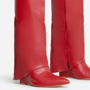 Botas Largas de Invierno para Mujer Shark Lock con Punta Puntiaguda, Tacón Alto de Cuña, Diseño Superpuesto, Estilo Pantalón, Botines Personalizados hasta la Rodilla, Antideslizantes - Product Image 6