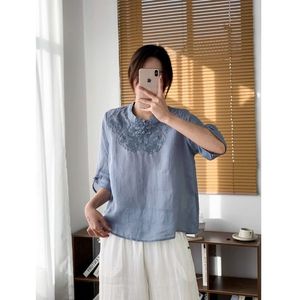 Traditional Chinese Style Embroidered Top Blue Women's Summer T-Shirt Short Sleeve Ethnic Design - Product Image 2
