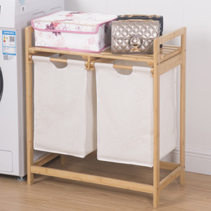 Double Bucket Bamboo Laundry Storage Rack With Canvas Bags For Bedroom And Living Room - Product Image 1
